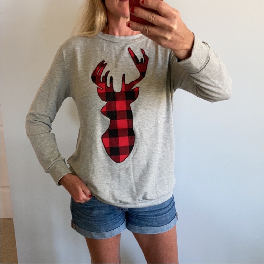 French Terry Long Sleeve Plaid Reindeer Top